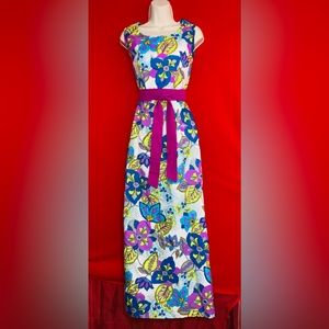 70s Flower Power Vintage Maxi Dress Small S Purple & White S Vtg